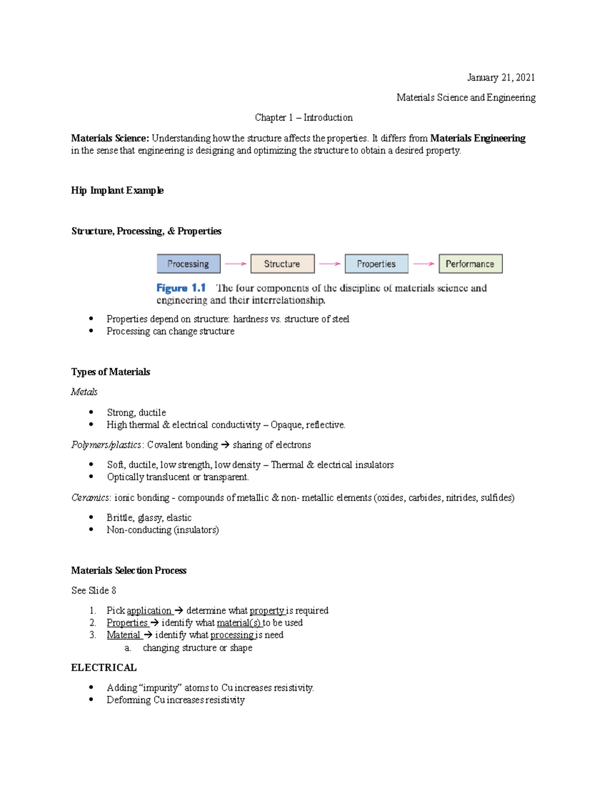 Ch1 Summary notes - January 21, 2021 Materials Science and Engineering ...