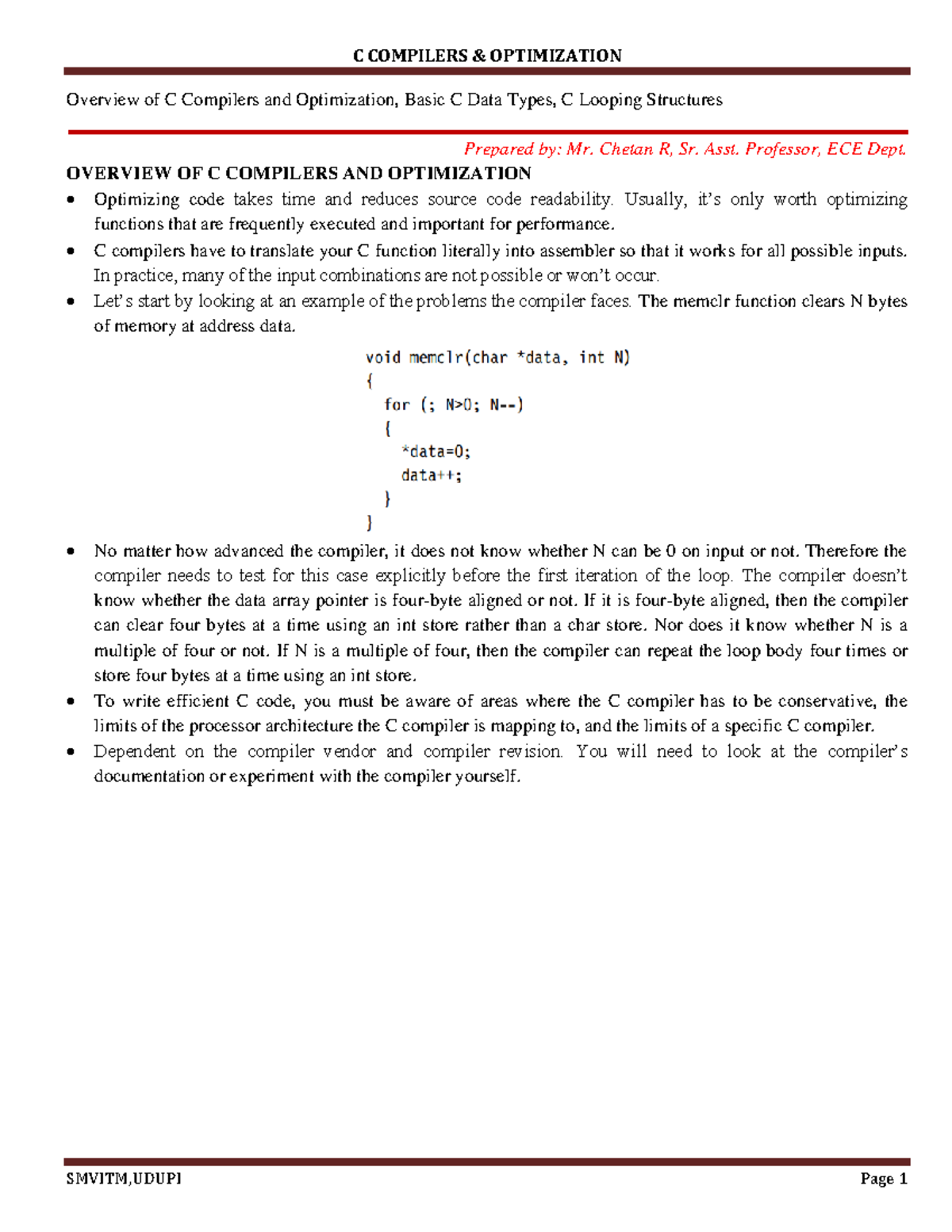 Coa - tyd - Overview of C Compilers and Optimization, Basic C Data ...