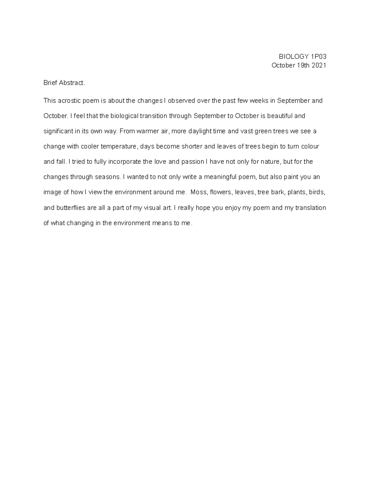 Abstract - BIO NOTE - BIOLOGY 1P October 19th 2021 Brief Abstract. This ...