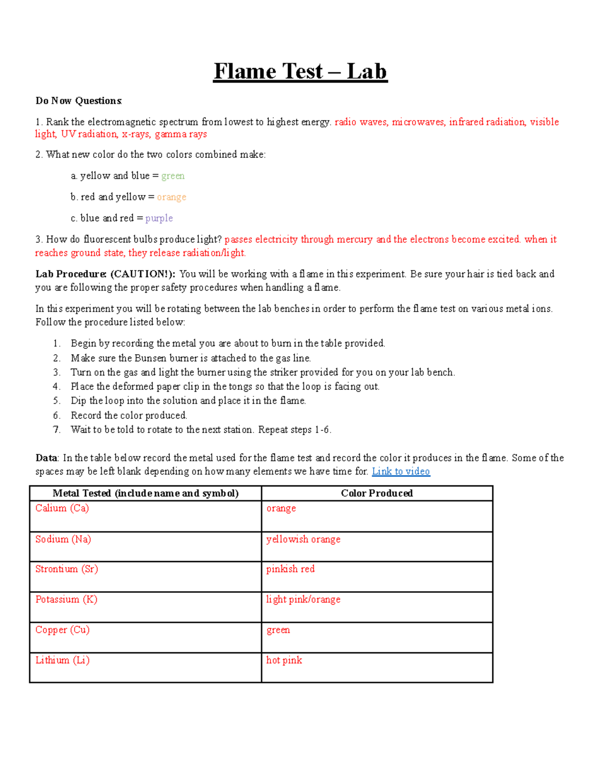 Academic Flame Test worksheet Flame Test Lab Do Now Questions Rank the