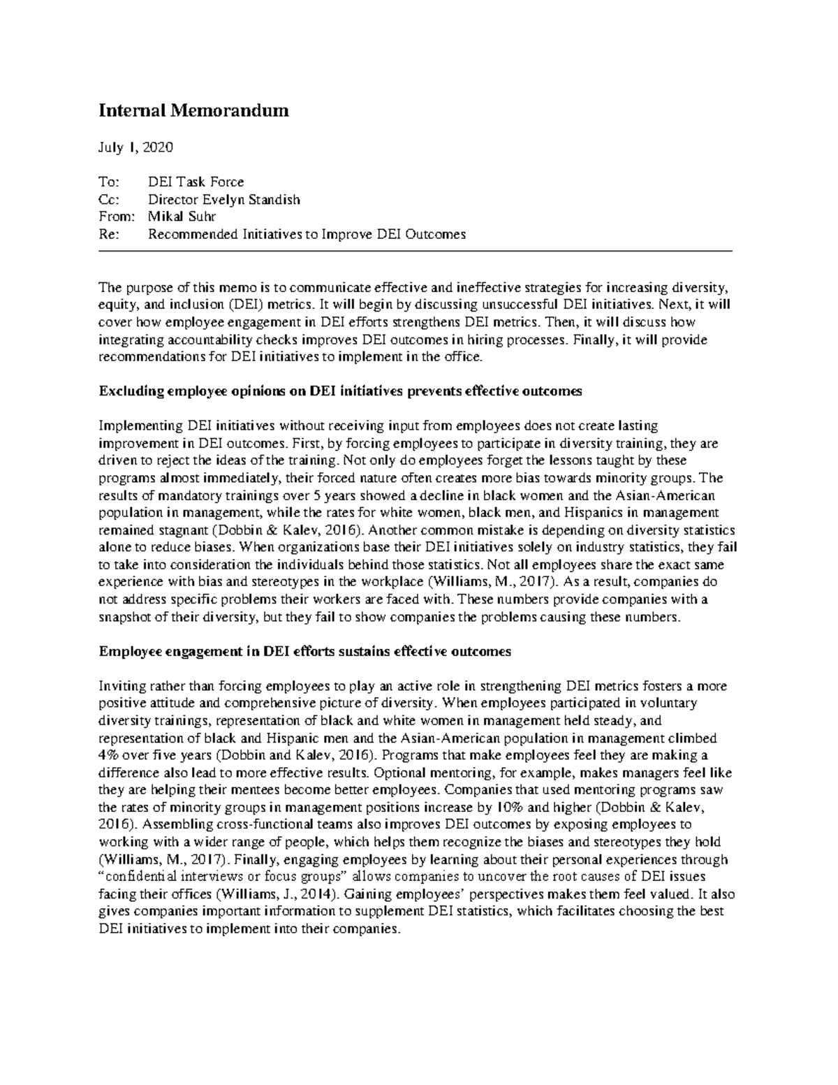 Internal Memo Example2 Internal Memorandum July 1, 2020 To DEI Task