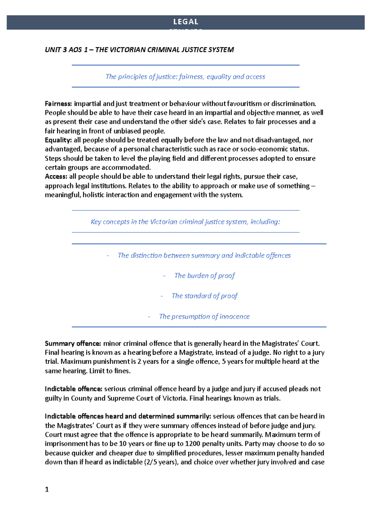 Legal Notes - UNIT 3 AOS 1 – THE VICTORIAN CRIMINAL JUSTICE SYSTEM The ...