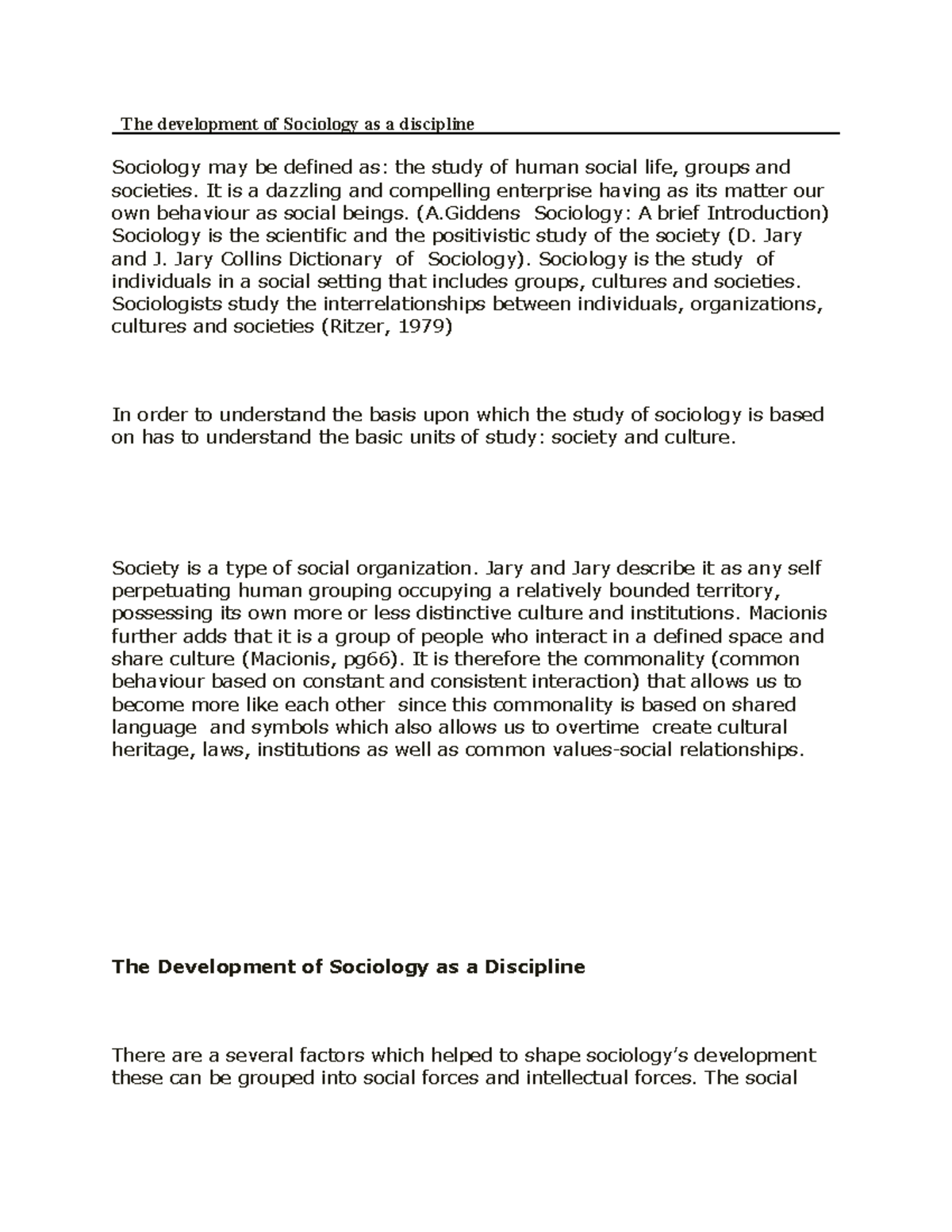 Development Of Sociology As A Discipline