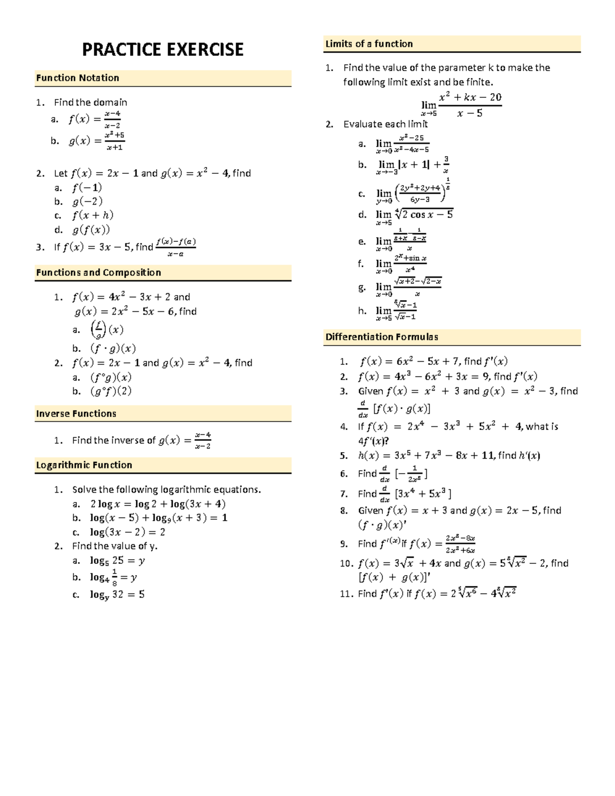 Practice problems 1 - MATH ENGINEERING 1 - PRACTICE EXERCISE Function ...