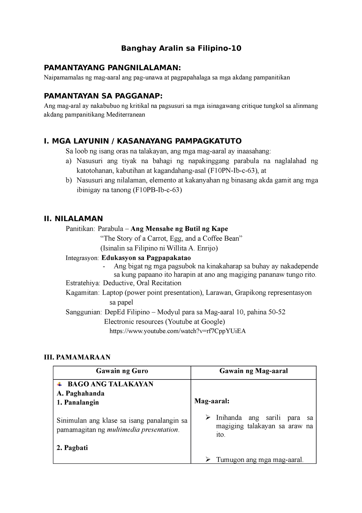 Lesson Plan Parabula Ang Mensahe Ng Butil Ng Kape Banghay Aralin Sa Filipino Pamantayang 0959