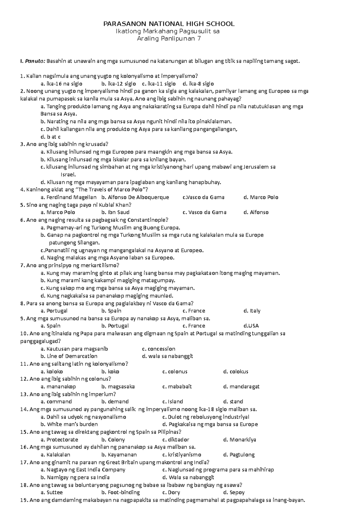 3rd A.P7 exam - 123 - PARASANON NATIONAL HIGH SCHOOL Ikatlong Markahang ...