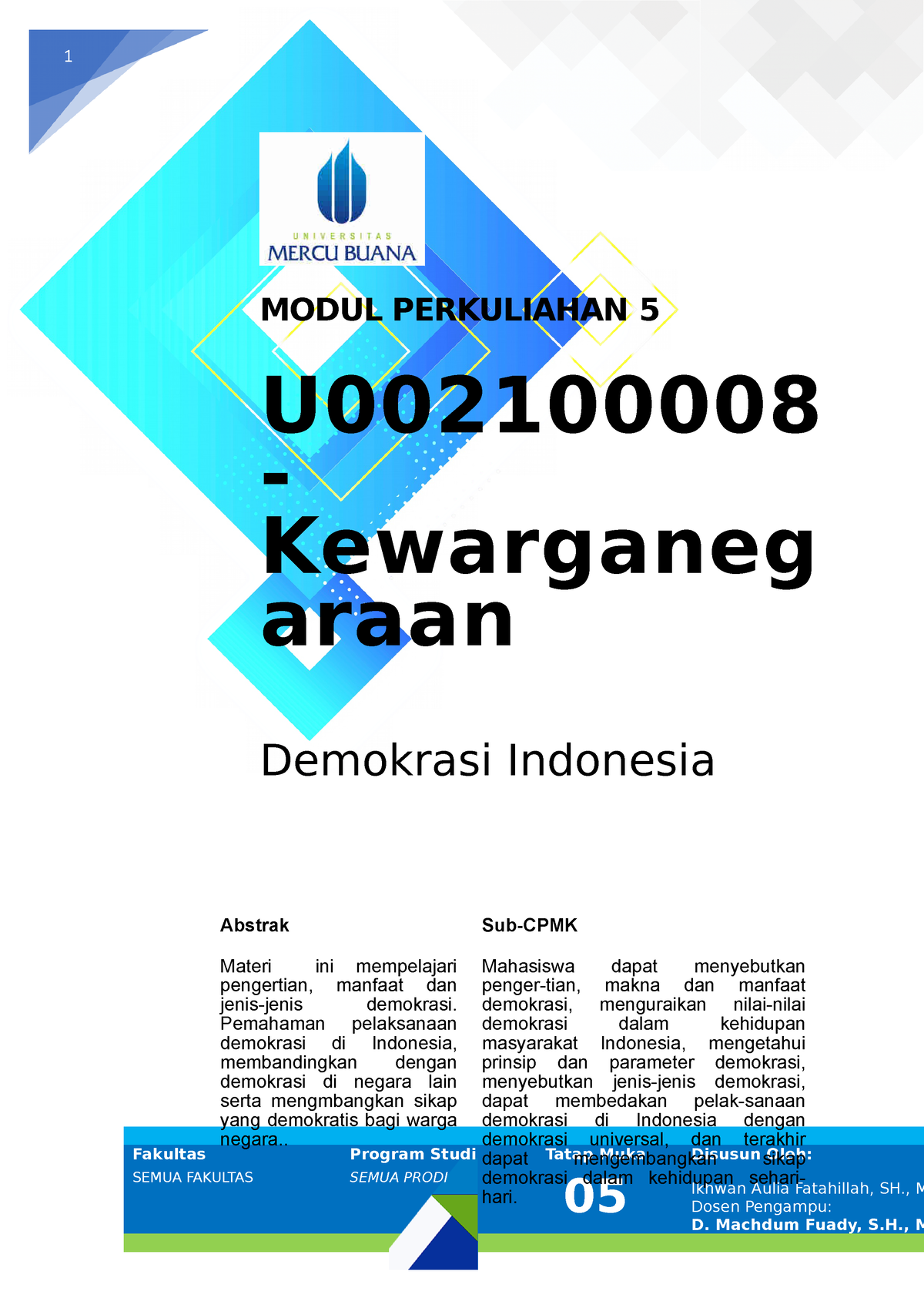 5. Demokrasi Indonesia - 1 MODUL PERKULIAHAN 5 U - Kewarganeg Araan ...