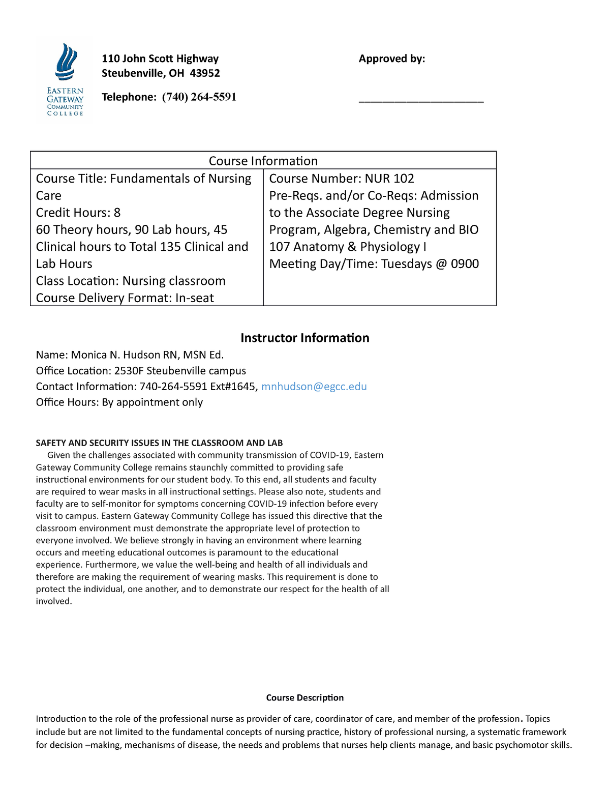NUR 102 Master Syllabus Template Fall 2020 with Covid statement updated