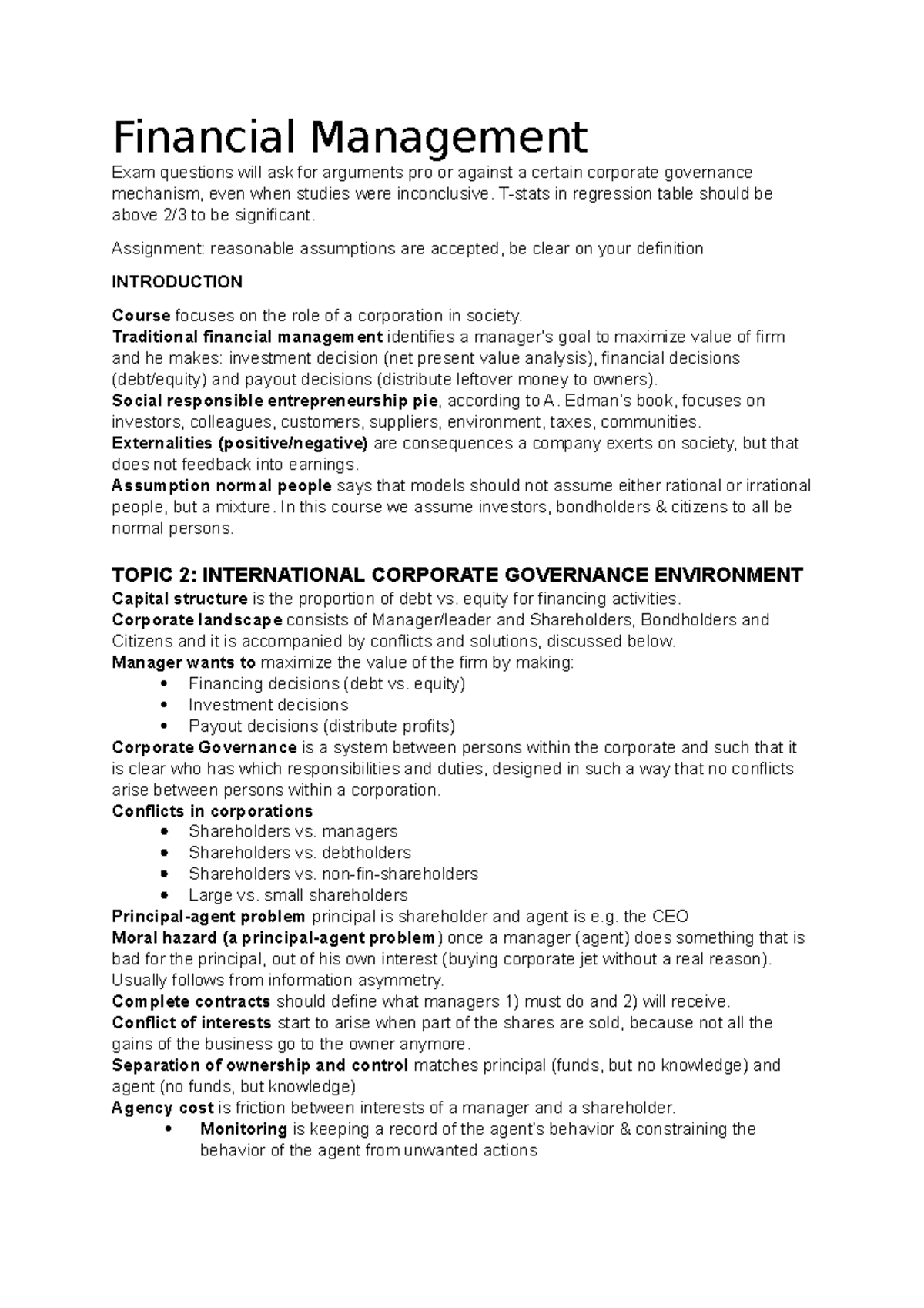 Notes Financial Management lectures 1 - 10 - Studeersnel