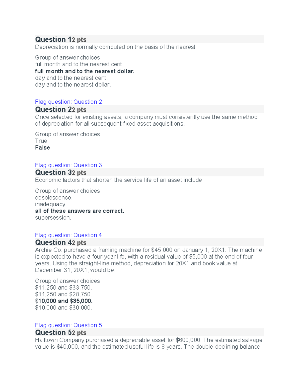 Chapter 10 quiz - quiz - Question 1 2 pts Depreciation is normally ...