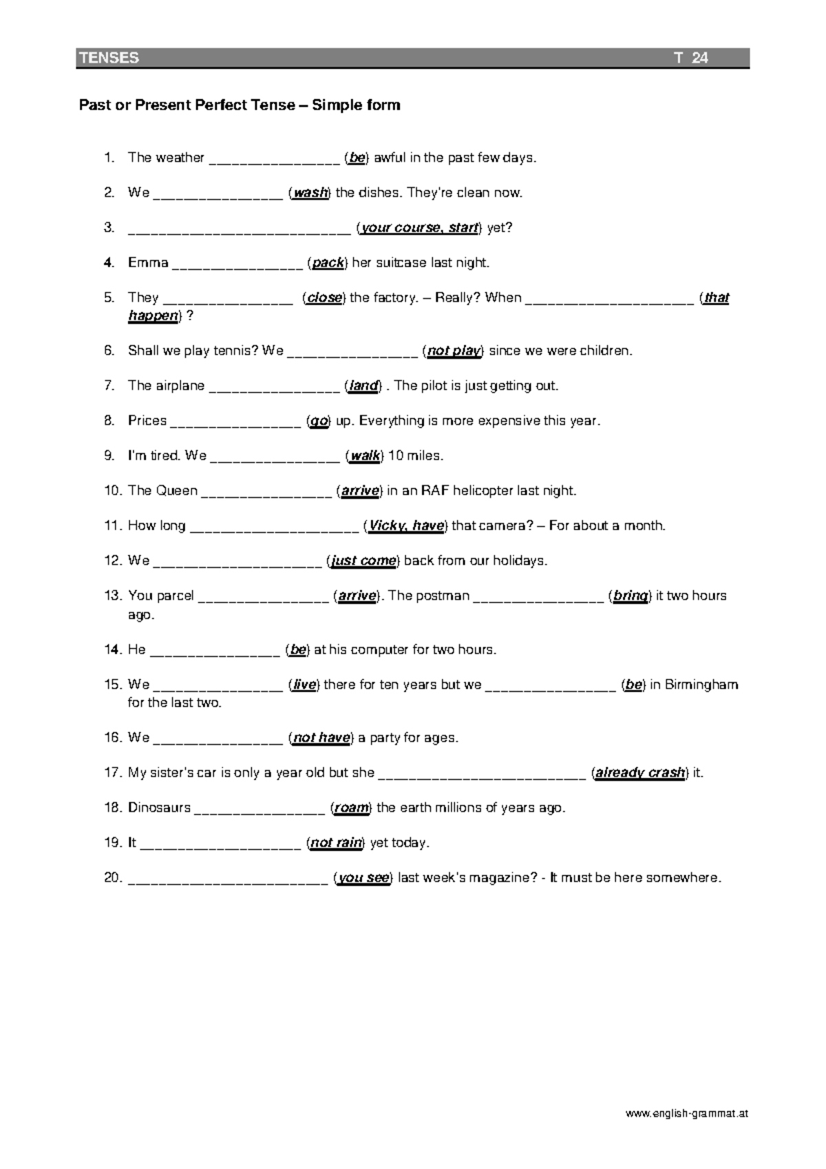 Past or Present Perfect Tense - Simple Form - T24 - TENSES T 24 english ...