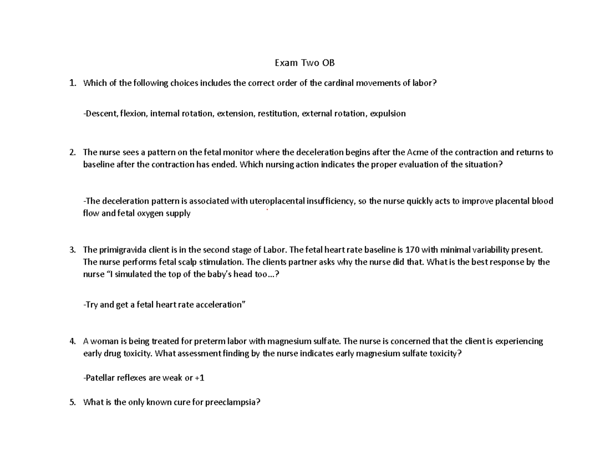 Exam 2 OB - Practice materials - Exam Two OB 1. Which of the following ...