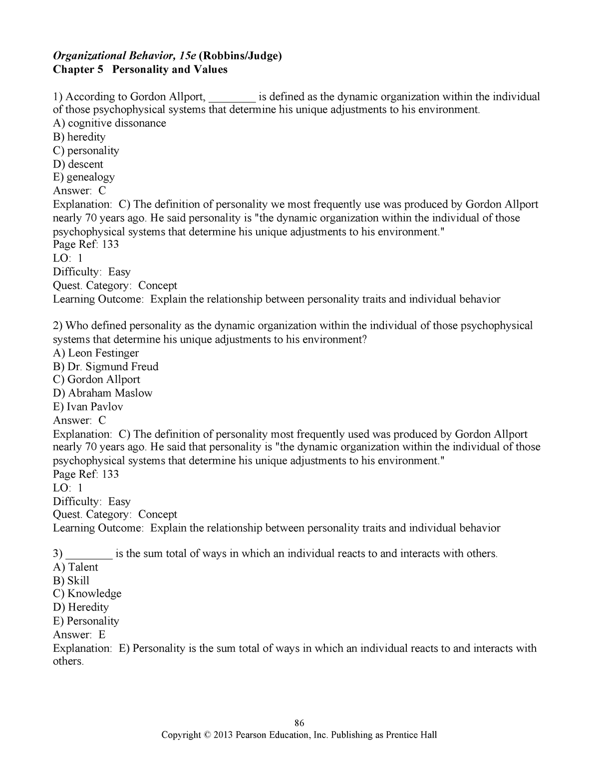 Test Ch5 - Test Bank - 86 Organizational Behavior, 15e (Robbins/Judge ...