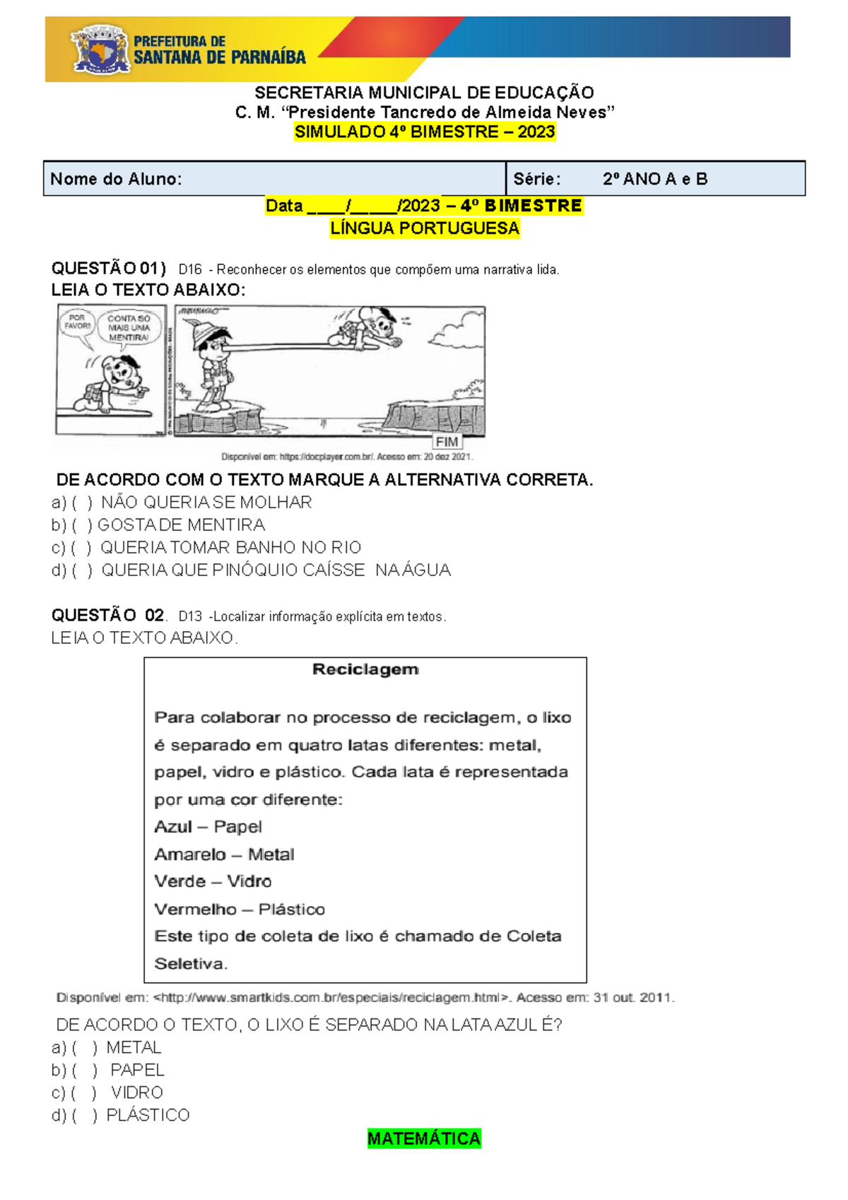 2º ANO A E B - Simulado DO 4º B Imestre - SECRETARIA MUNICIPAL DE ...