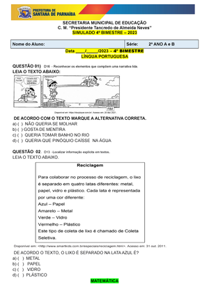 4º ANO A - Simulado DO 4º B Imestre - SECRETARIA MUNICIPAL DE EDUCAÇÃO ...