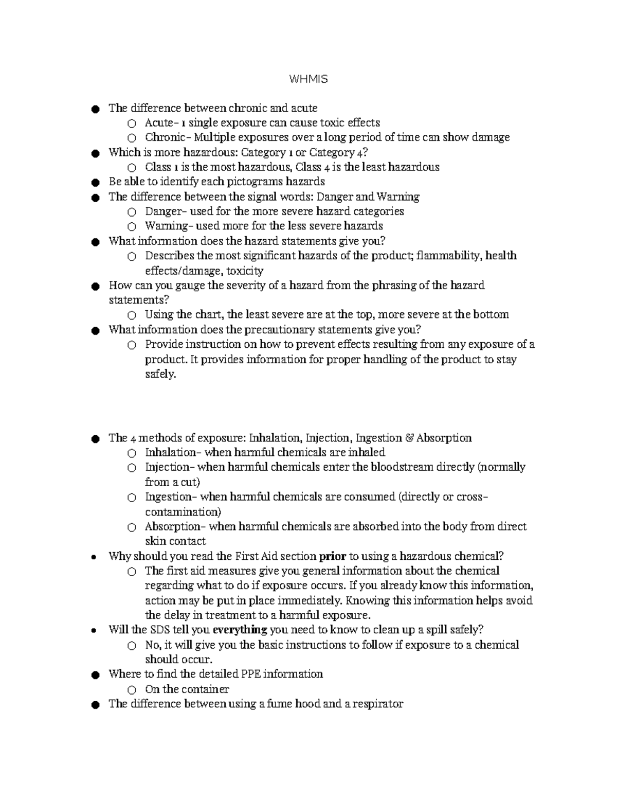Whmis Course Notes - WHMIS The difference between chronic and acute ...