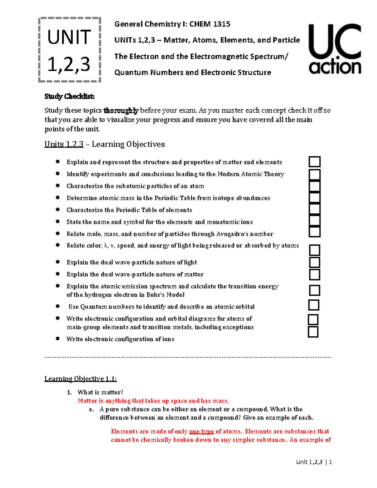 Action Center Unit 1 2 3 Worksheet Answer Key-1 - CHEM 1315 ...