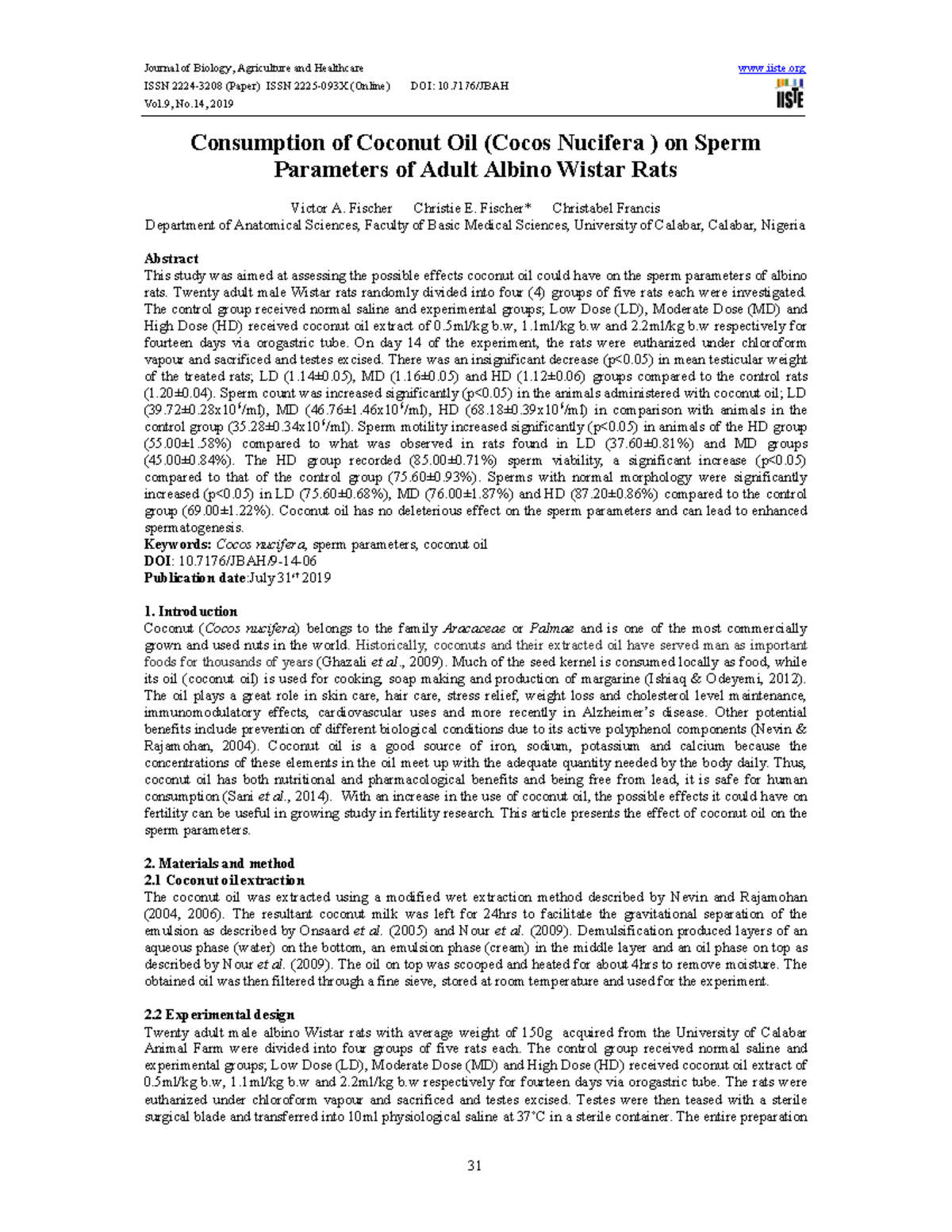 Consumption Of Coconut Oil (Cocos Nucifera ) On Sperm - ISSN 2224-3208 ...