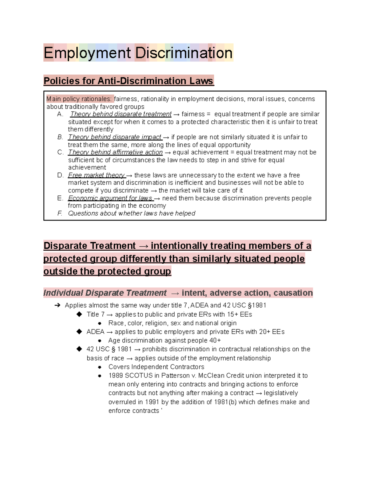 Employment Discrimination Outline - Employment Discrimination Policies ...