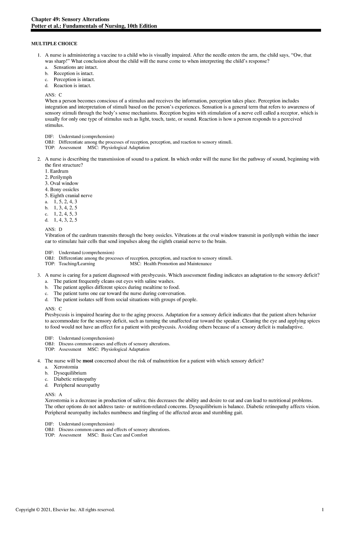 Exam View - Chapter 49 - SENSORY ALTERATIONS PRACTICE QUIZZES - Chapter ...