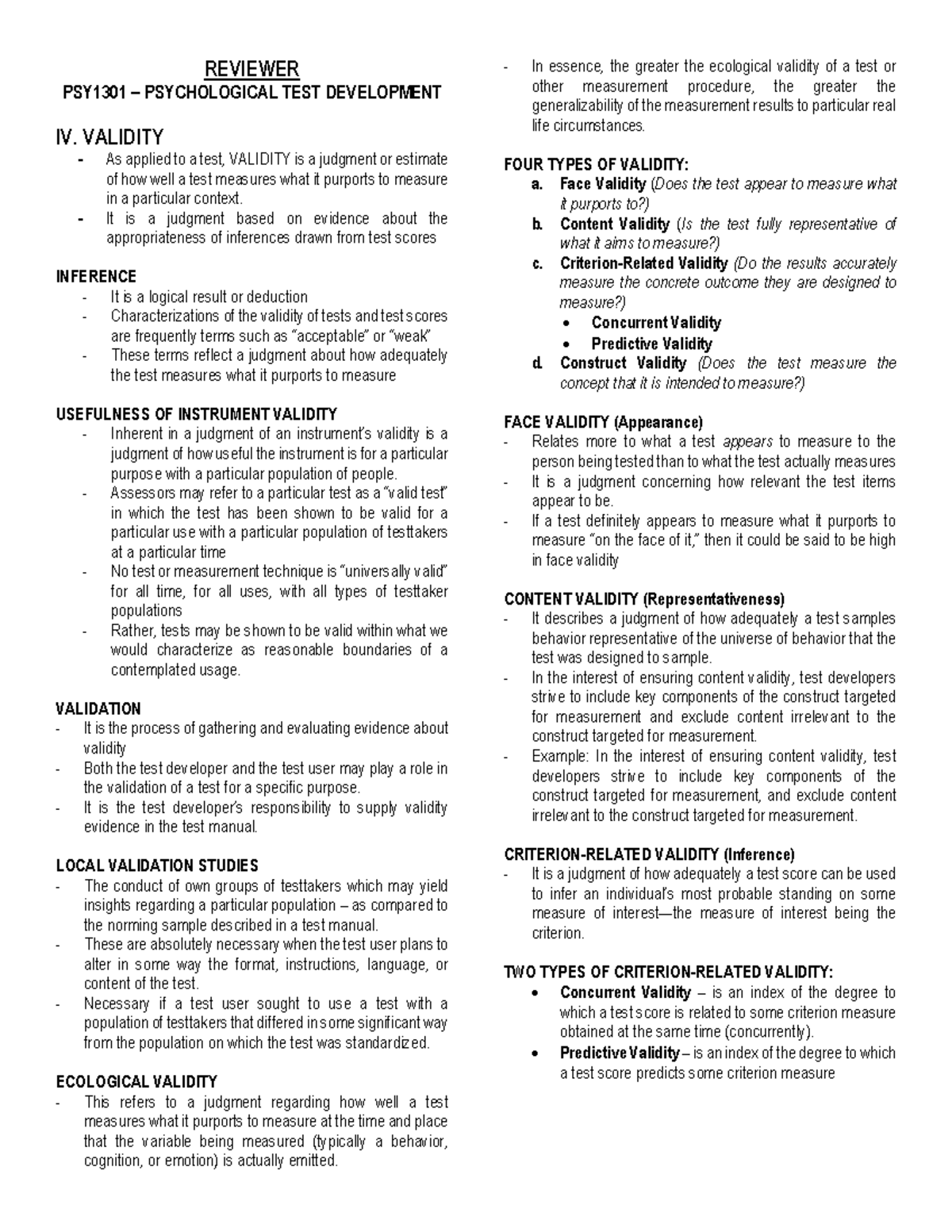 PSY1301 Lesson 4 Reviewer - REVIEWER PSY1 301 – PSYCHOLOGICAL TEST ...