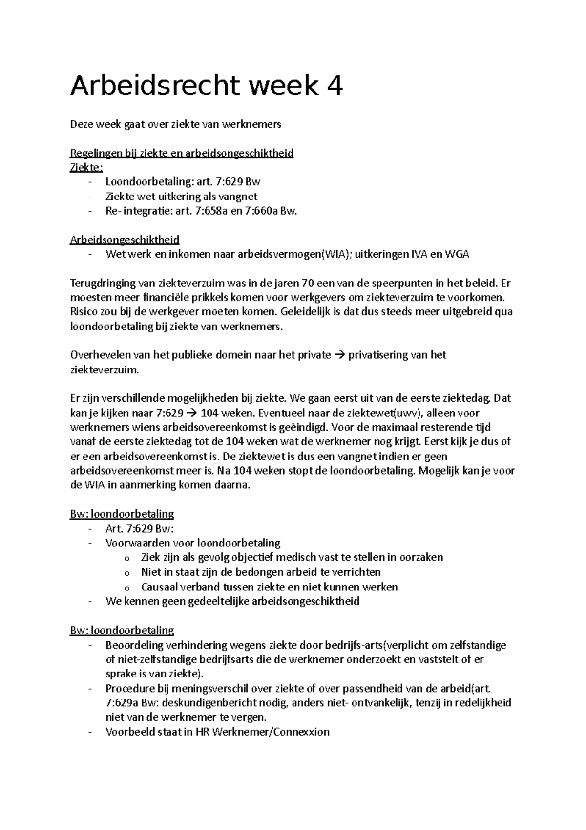 Arbeidsrecht Week 4 - 7:629 Bw - Ziekte Wet Uitkering Als Vangnet - Re ...