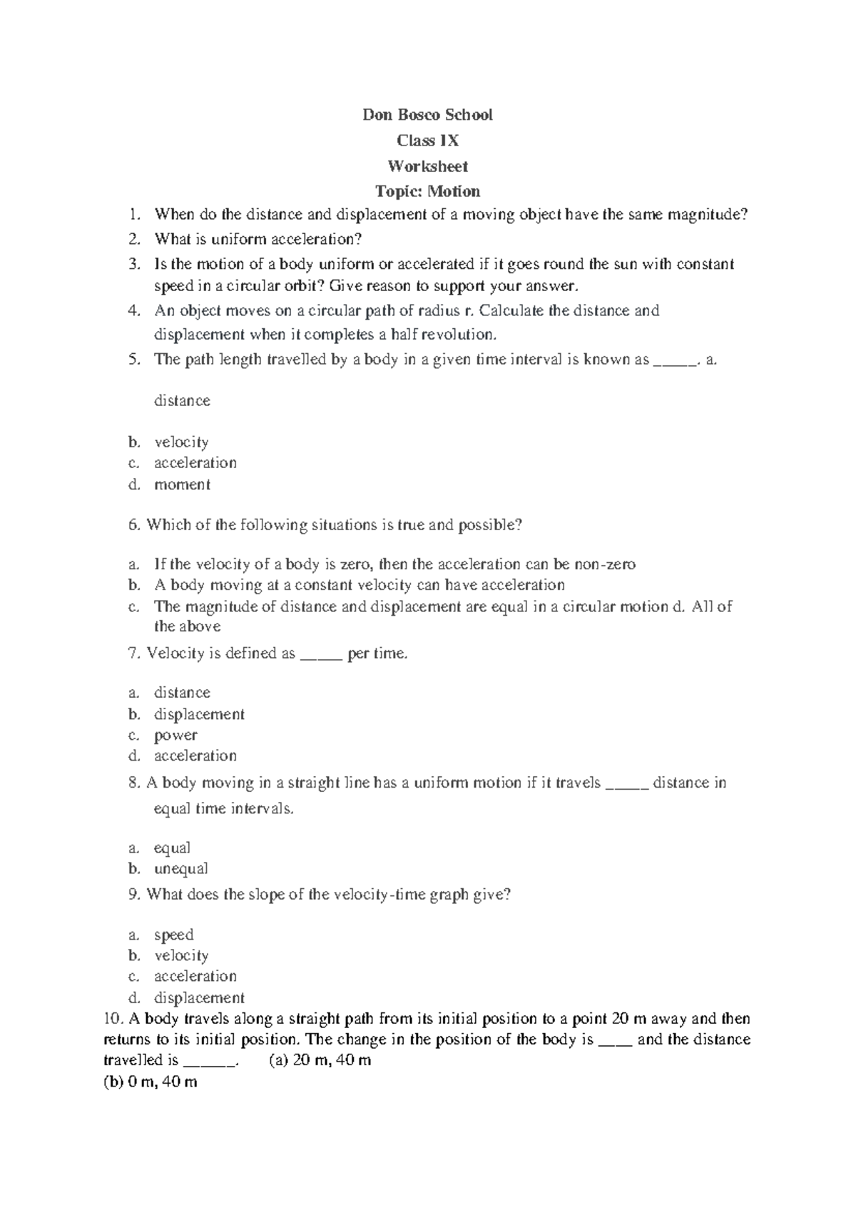 Revision Motion class 9 - Don Bosco School Class IX Worksheet Topic ...