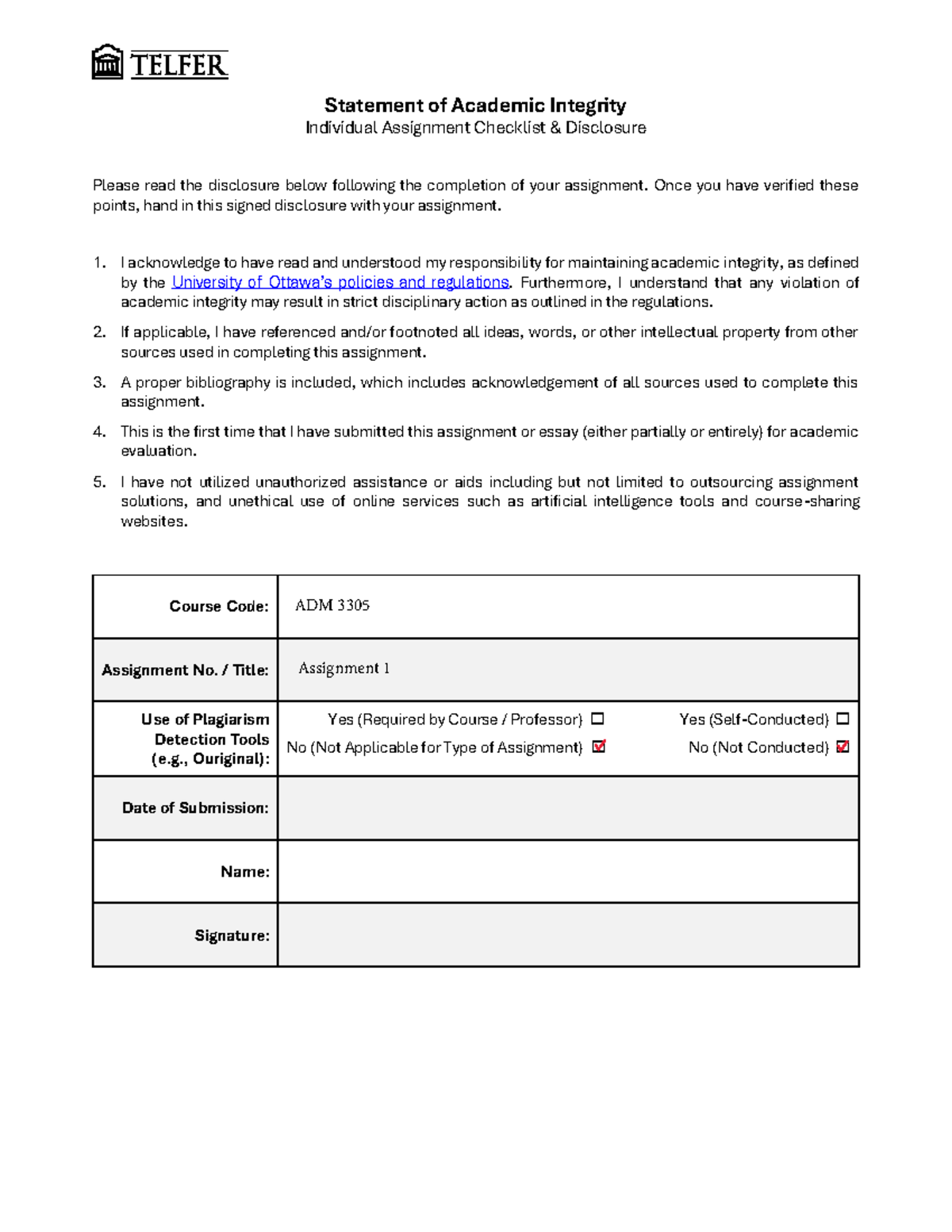 ADM 3305 Academic Integrity Statements - Statement of Academic ...