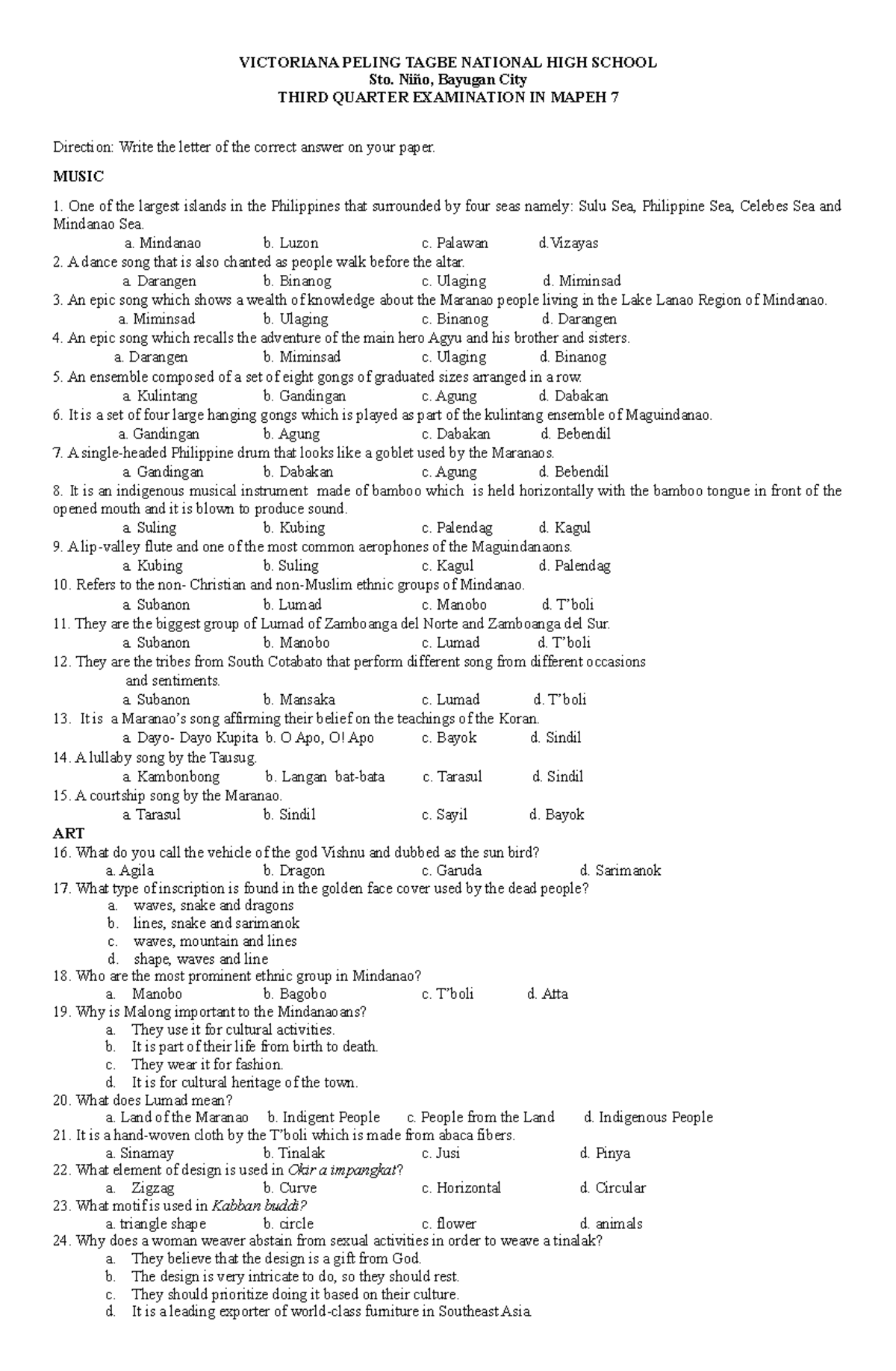 Mapeh 7 Third QE (final) - VICTORIANA PELING TAGBE NATIONAL HIGH SCHOOL ...