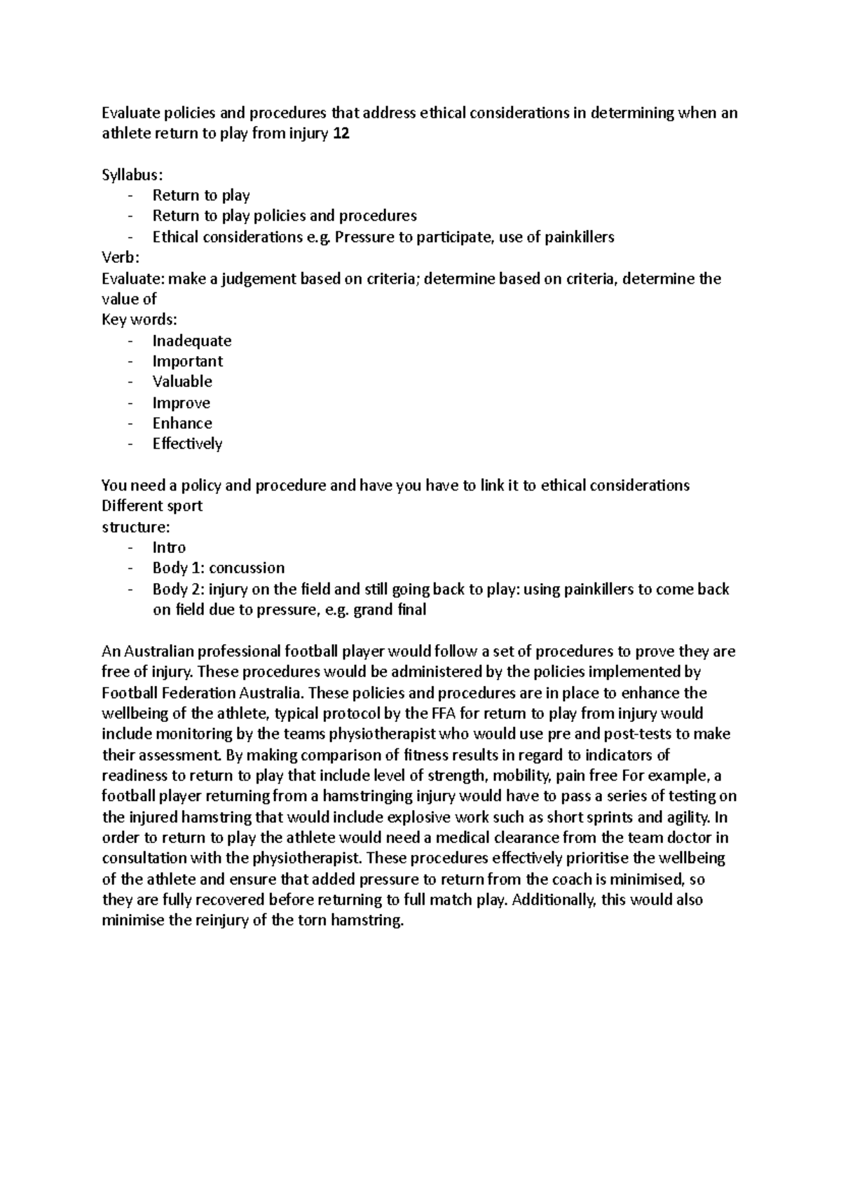 Sport MED assignment Evaluate policies and procedures that address