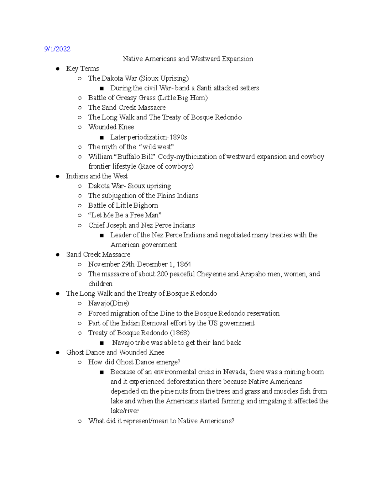 HIST 173 Notes 9/1/ Native Americans and Westward Expansion Key Terms