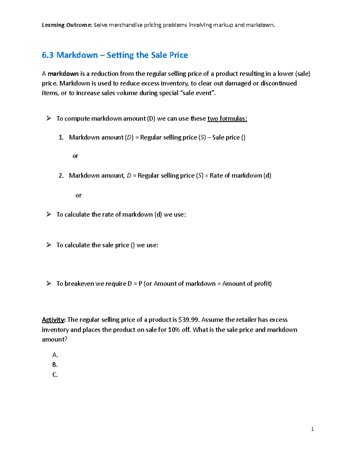 6.3 Markdown updated - Workshop - Learning Outcome: Solve merchandise ...