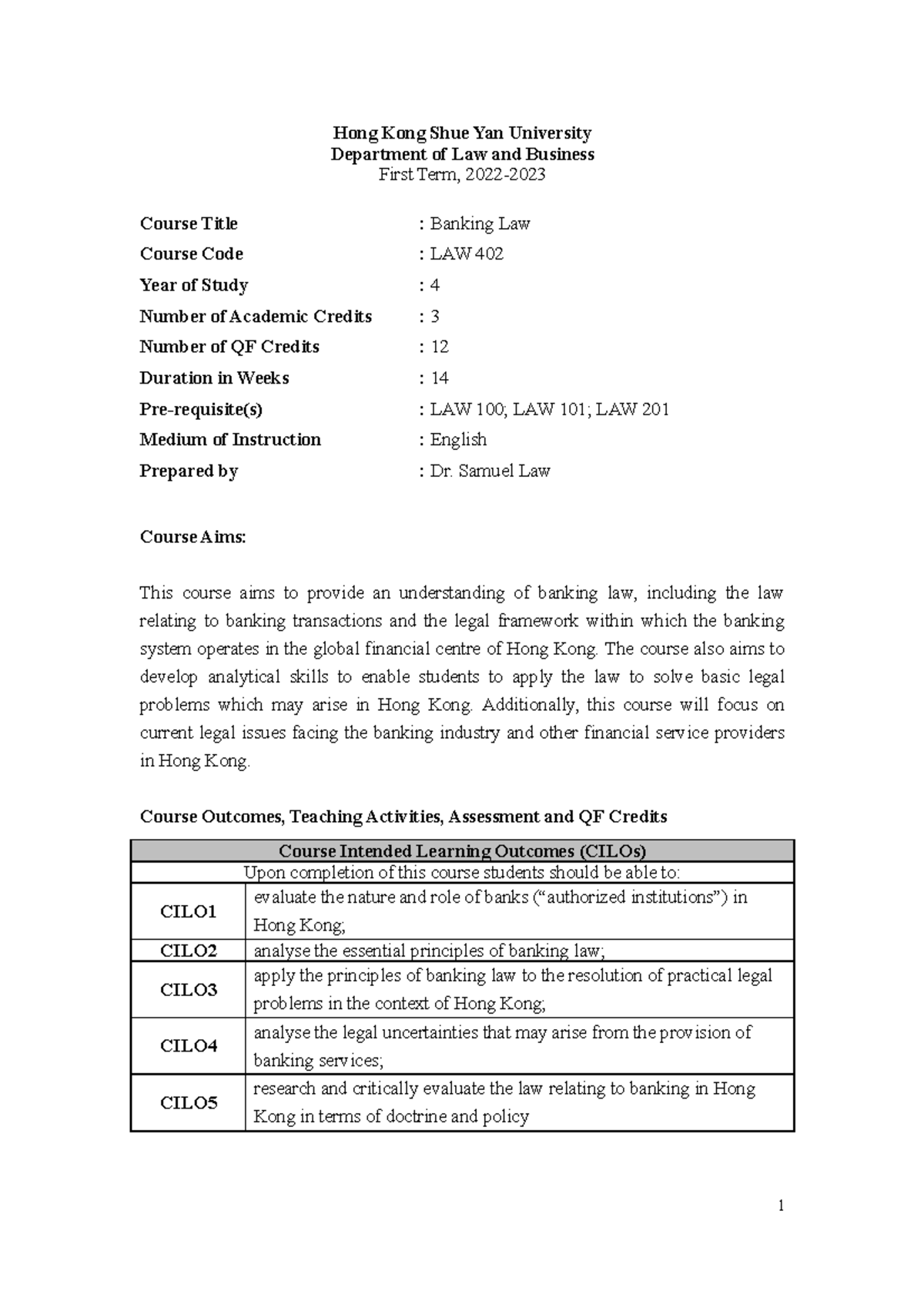 Course Outline - Hong Kong Shue Yan University Department of Law and ...