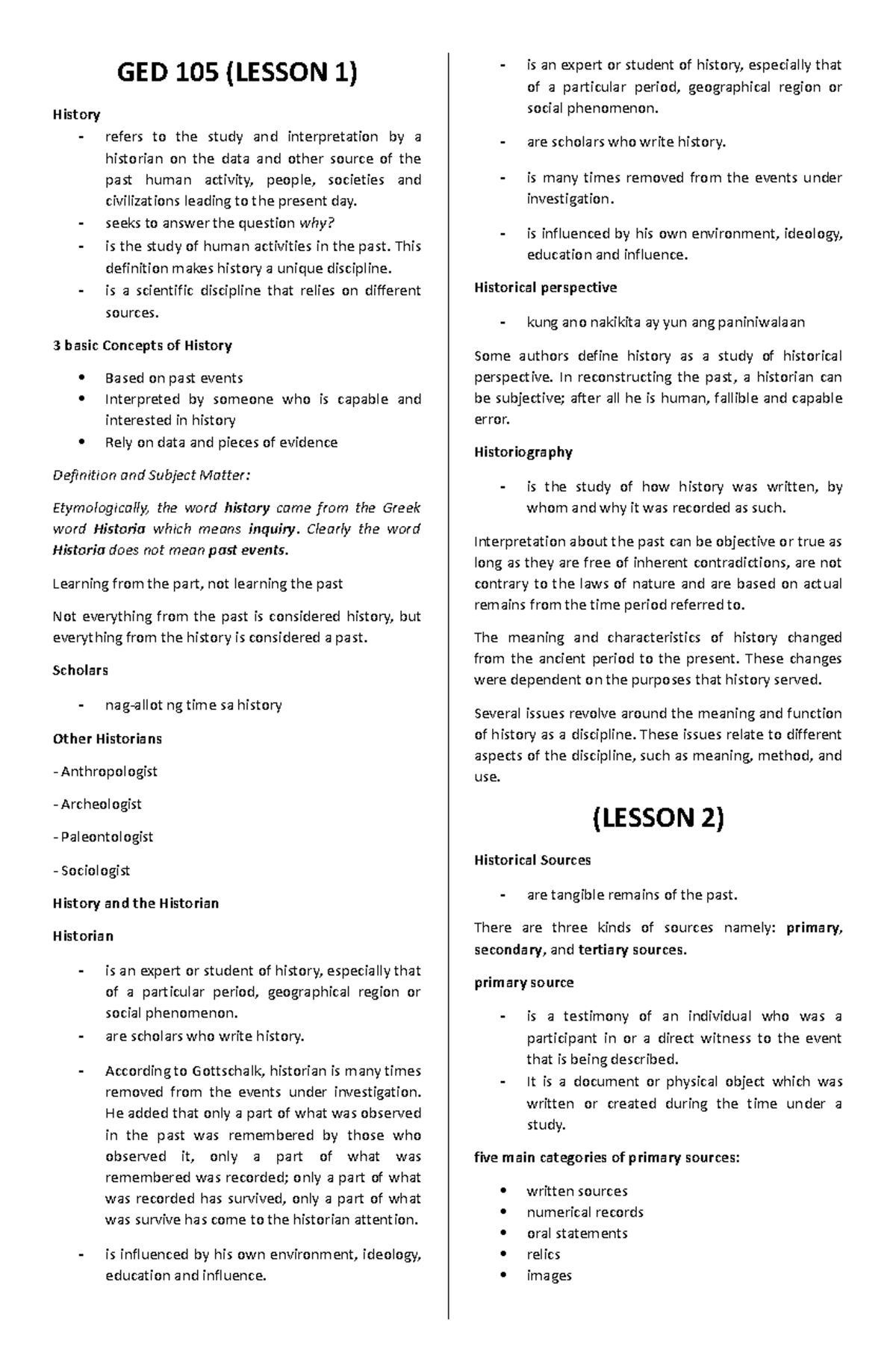 RPH-Reviewer - n\a - GED 105 (LESSON 1) History - refers to the study ...