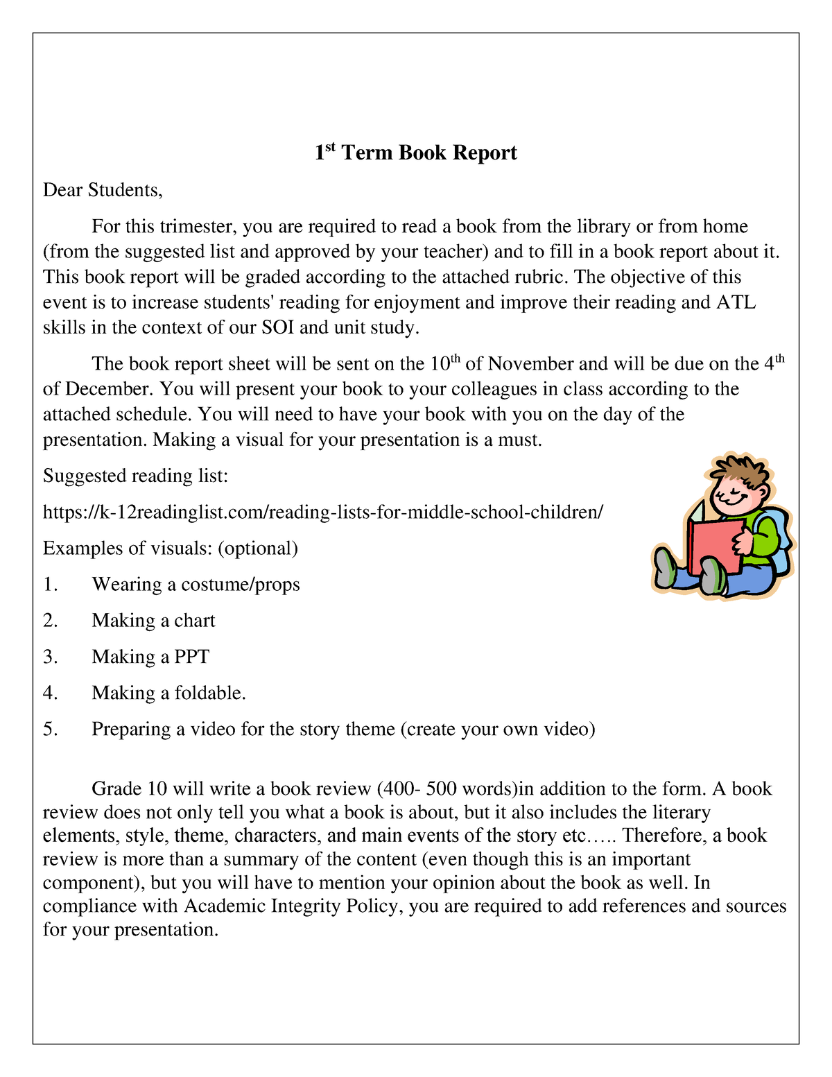 Book report - test - 1 st Term Book Report Dear Students, For this ...