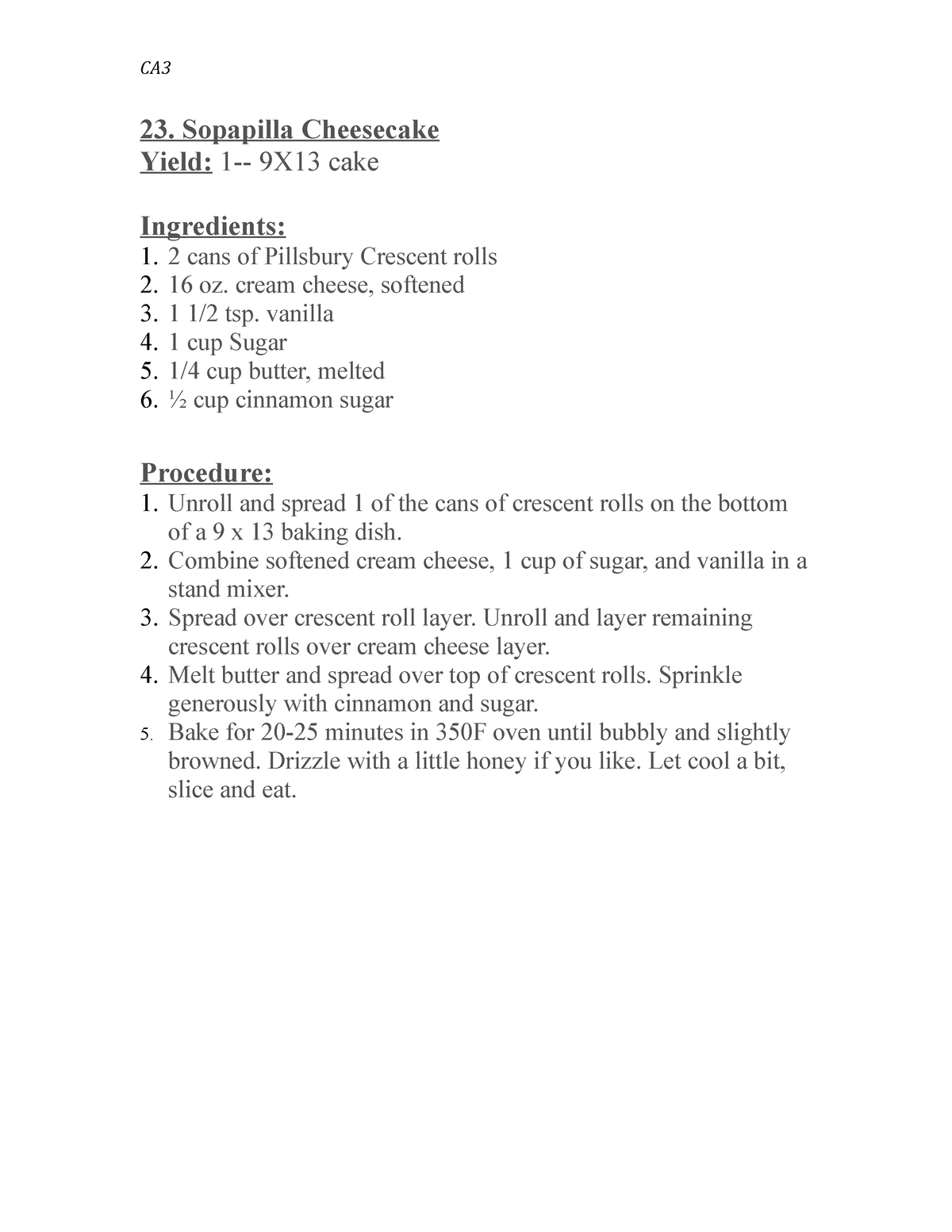 23-Sopapilla Cheesecake - CA 23. Sopapilla Cheesecake Yield: 1- 9X13 ...