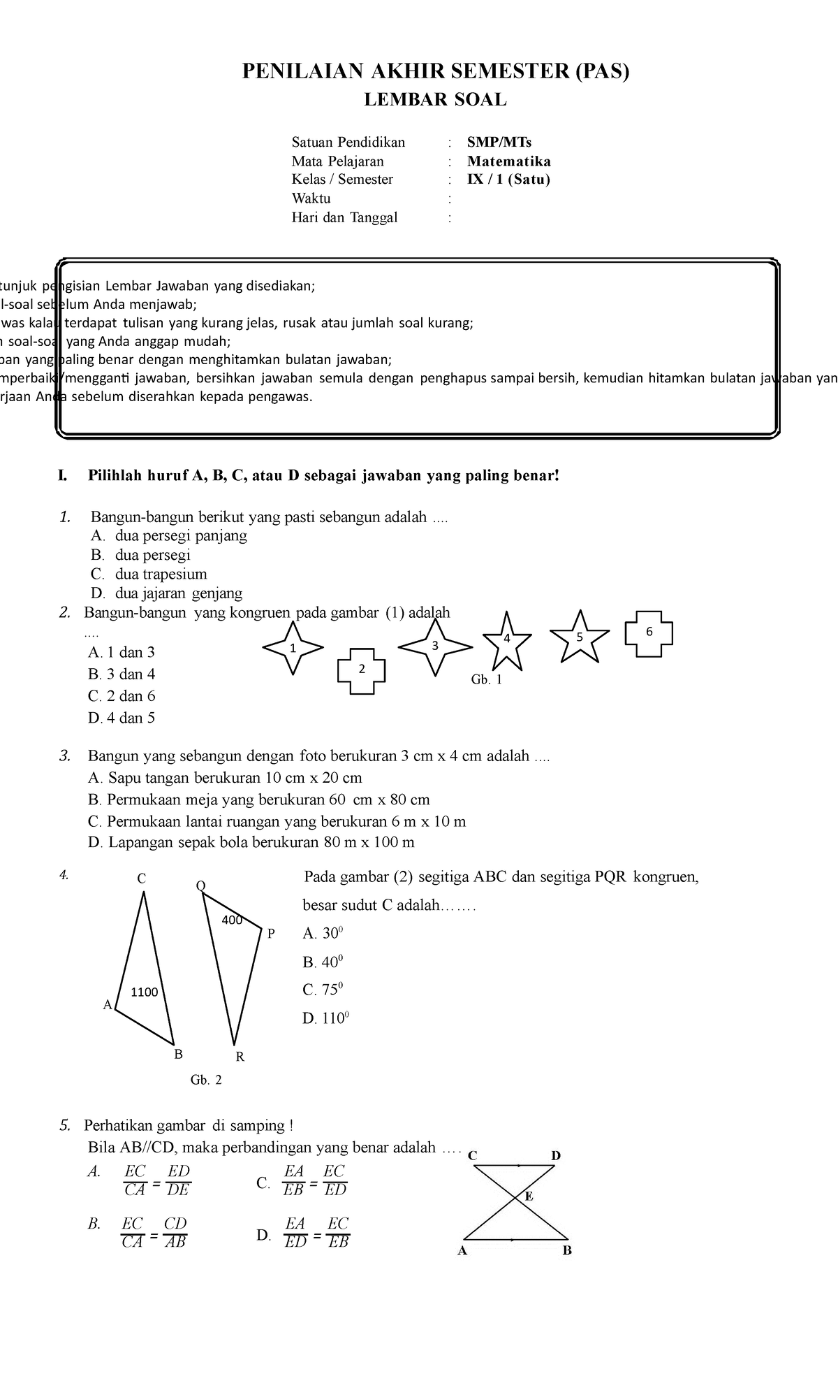 SOAL PAS-UAS MTMK Kelas 9 Semester 1 Kurikulum 2013 - Lembar Jawaban ...