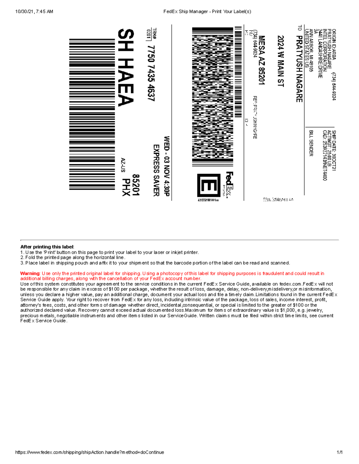 Fed Ex Ship Manager - Print Your Label(s) - 10/30/21, 7:45 AM FedEx ...