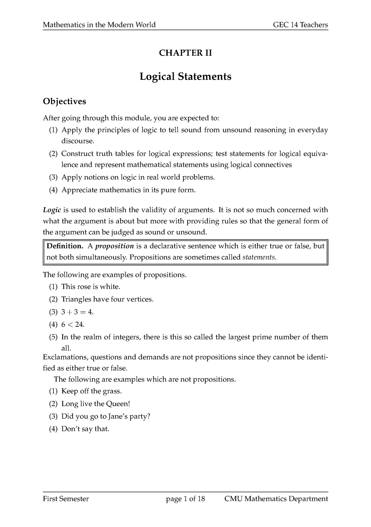 Logic - Mathematics in the modern world - CHAPTER II Logical Statements ...