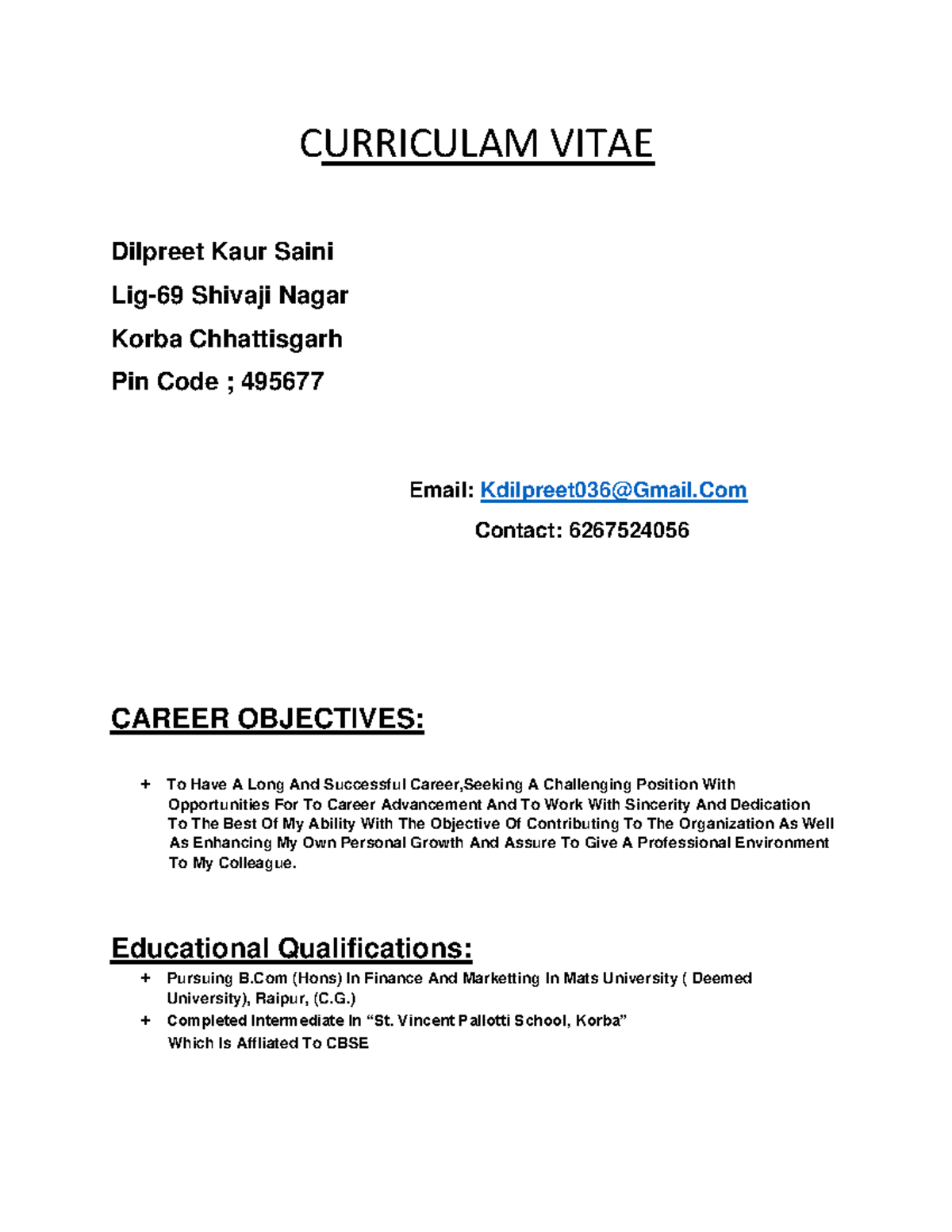 Document (1) CURRICULAM VITAE Dilpreet Kaur Saini Lig69 Shivaji