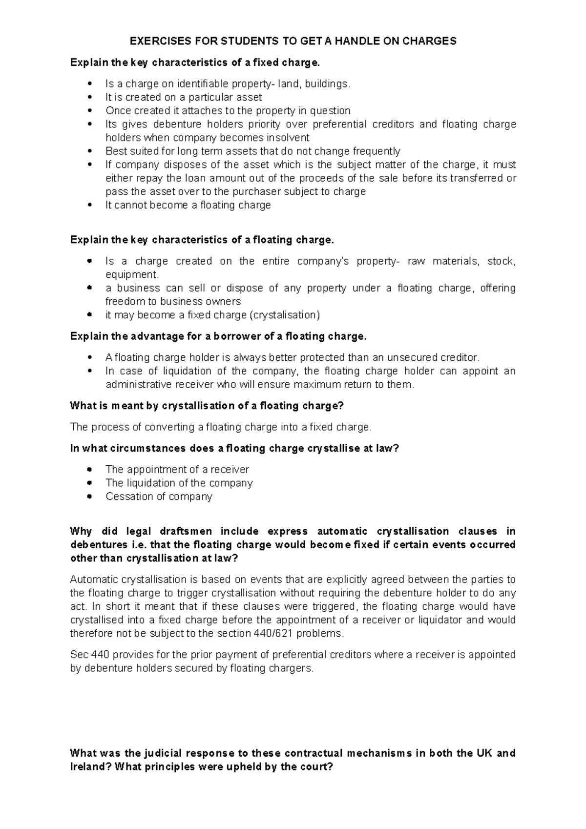 Fixed and floating charges EXERCISES FOR STUDENTS TO GET A HANDLE ON