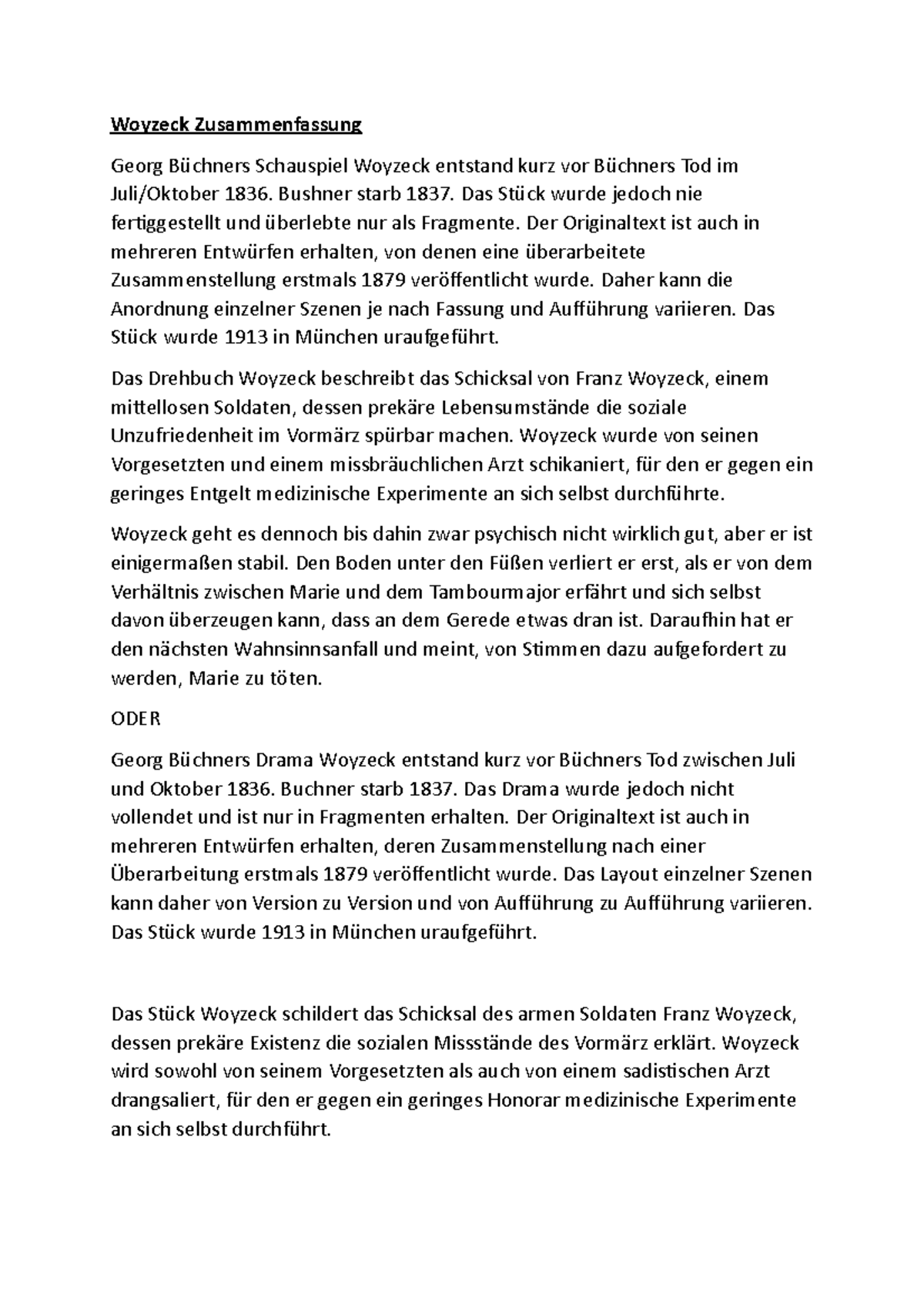 Woyzeck Zusammenfassung Der Szenen Woyzeck Zusammenfassung - Woyzeck Zusammenfassung Georg Büchners