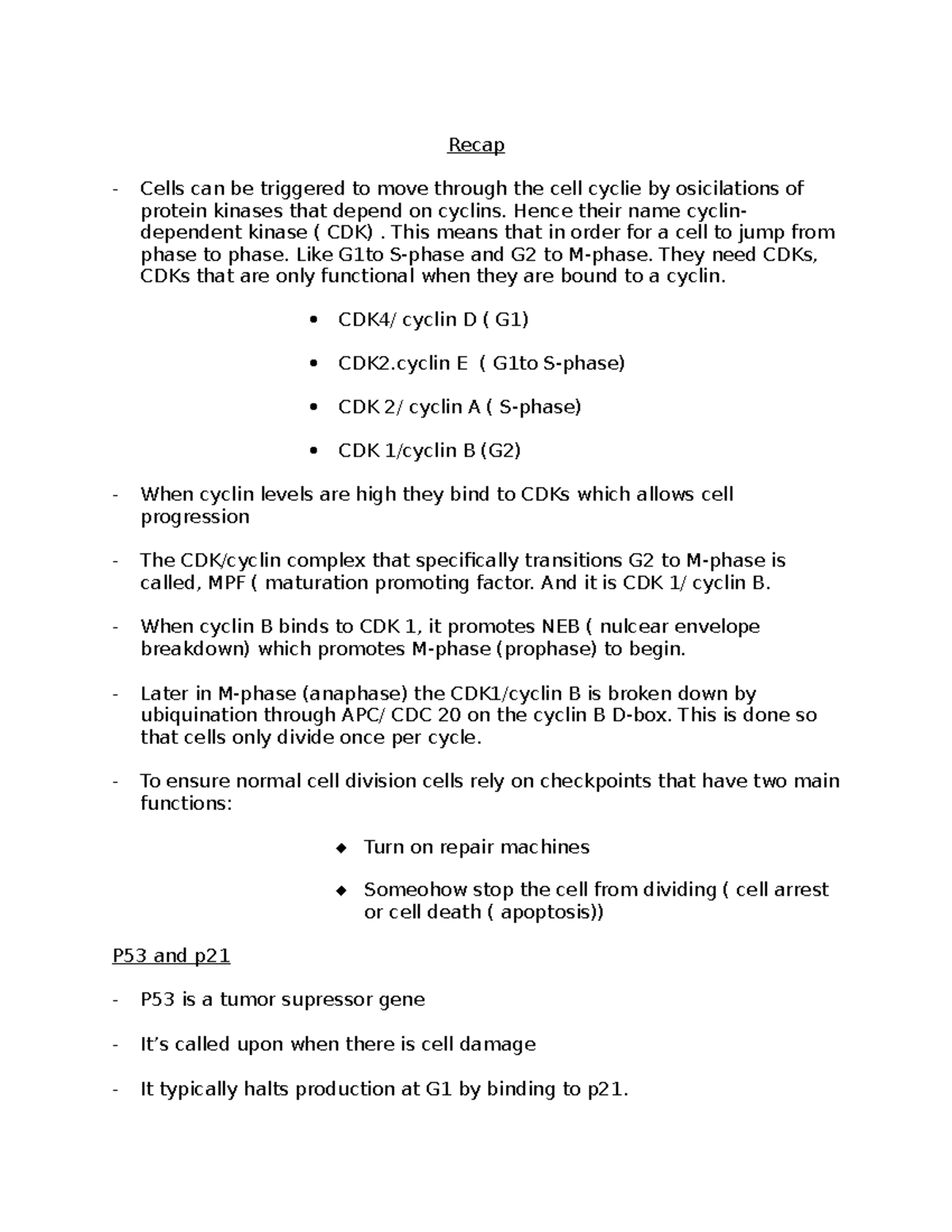 Note stu 3 - notes - Recap Cells can be triggered to move through the ...