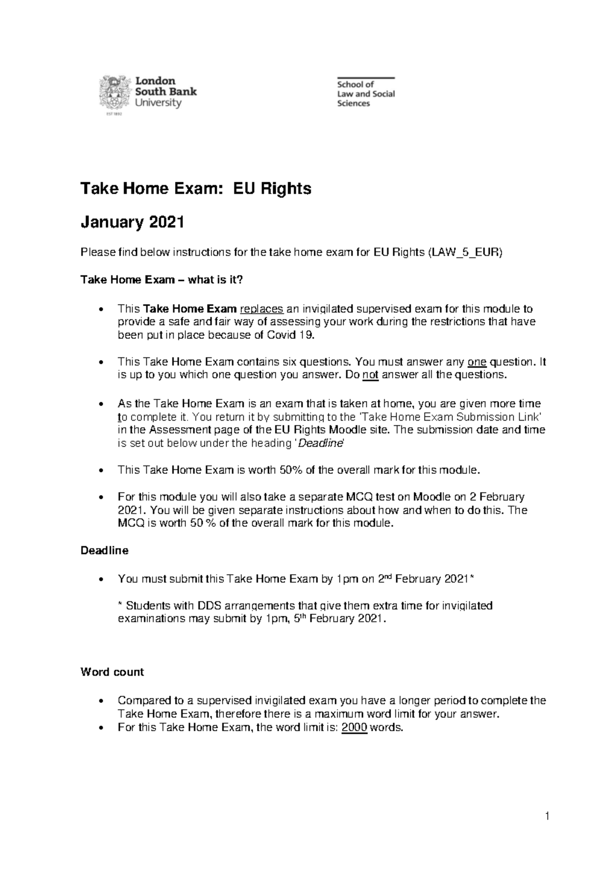 Sample/practice exam, questions - Take Home Exam: EU Rights January ...