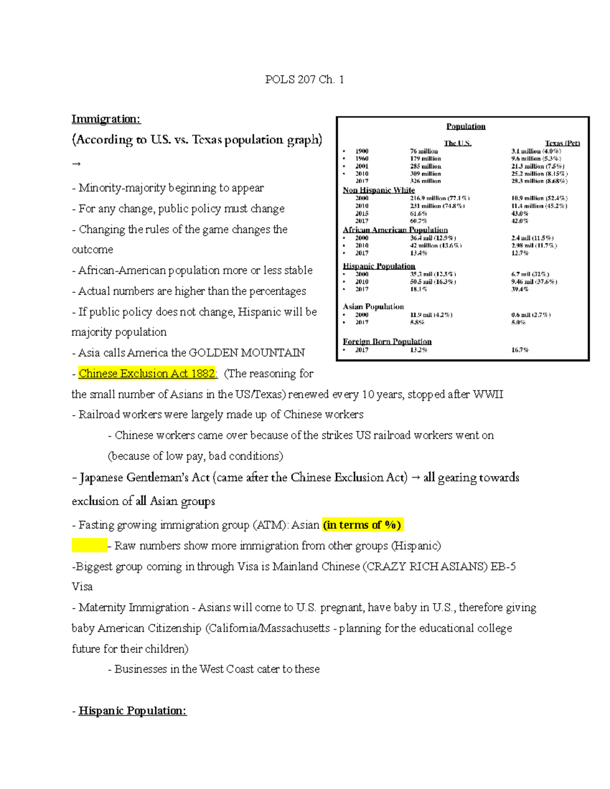 POLS 207 Chapter 1 Notes - POLS 207 Ch. 1 Immigration: (According To U ...