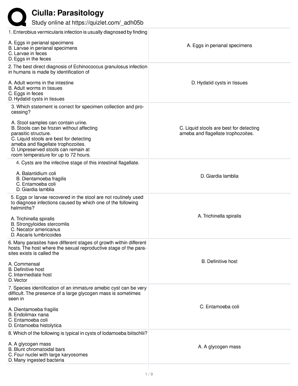 Ciulla para - Practice - Study online at quizlet/_adh05b 1. Enterobius ...