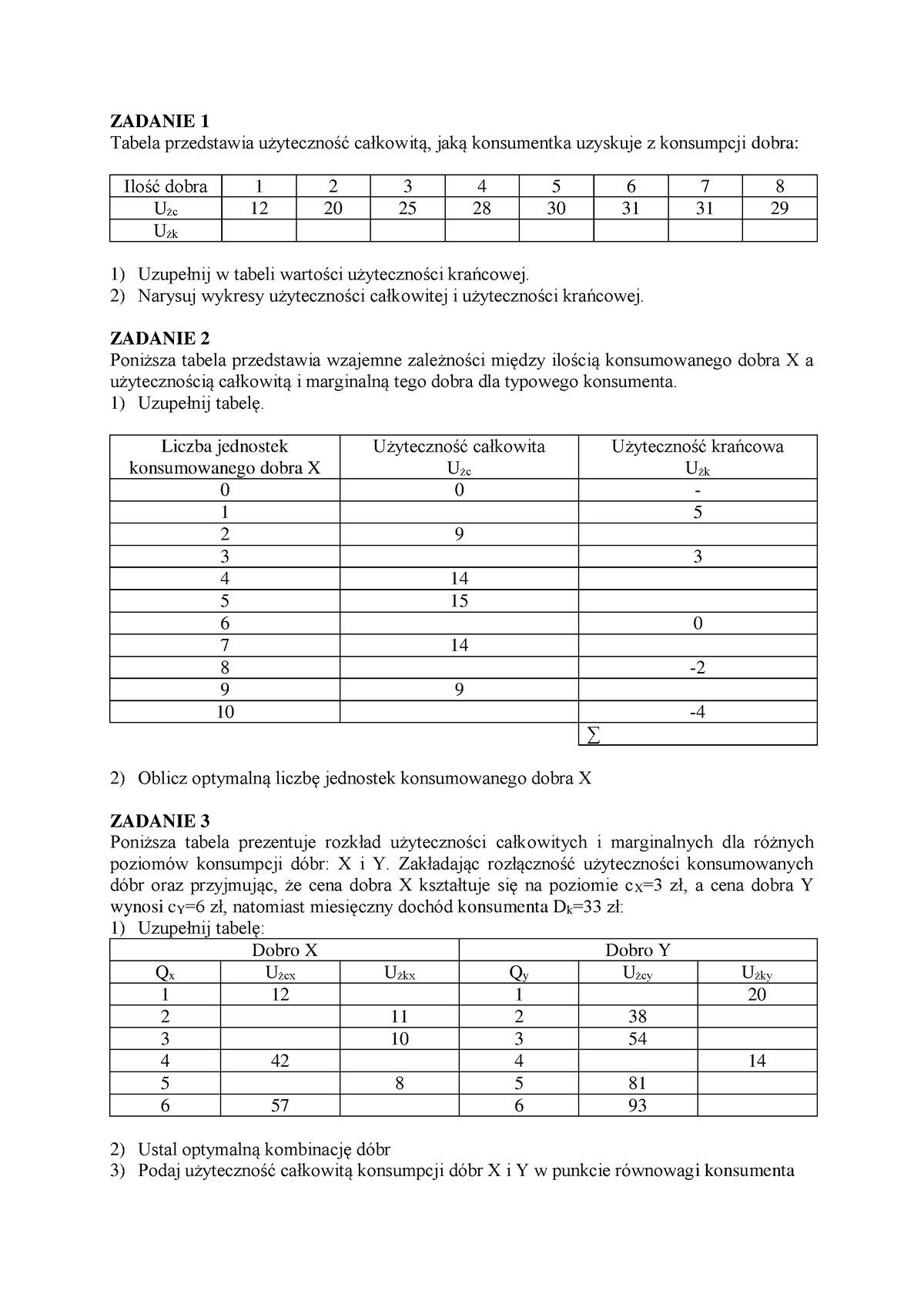 5 Teoria Wyboru Konsumenta Zadania - Tabela Przedstawia Użyteczność ...