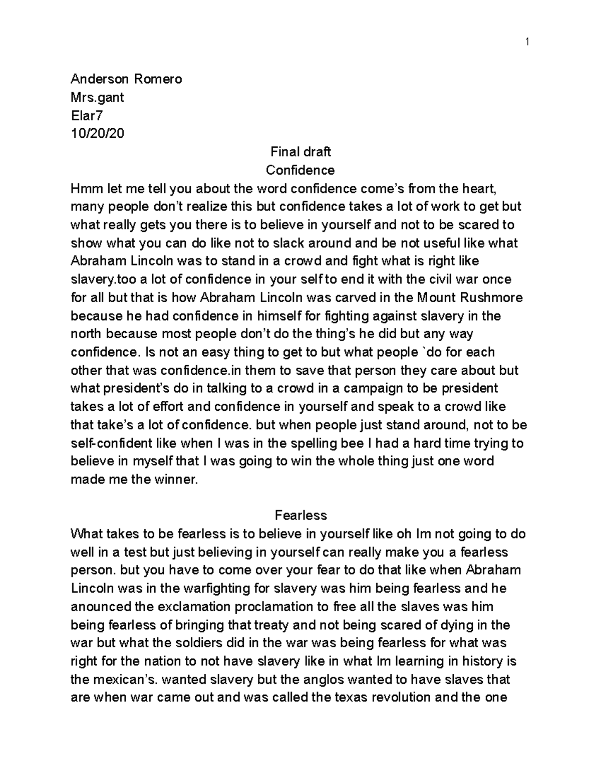 Final draft - 9th - 1 Anderson Romero Mrs Elar 10/20/ Final draft ...
