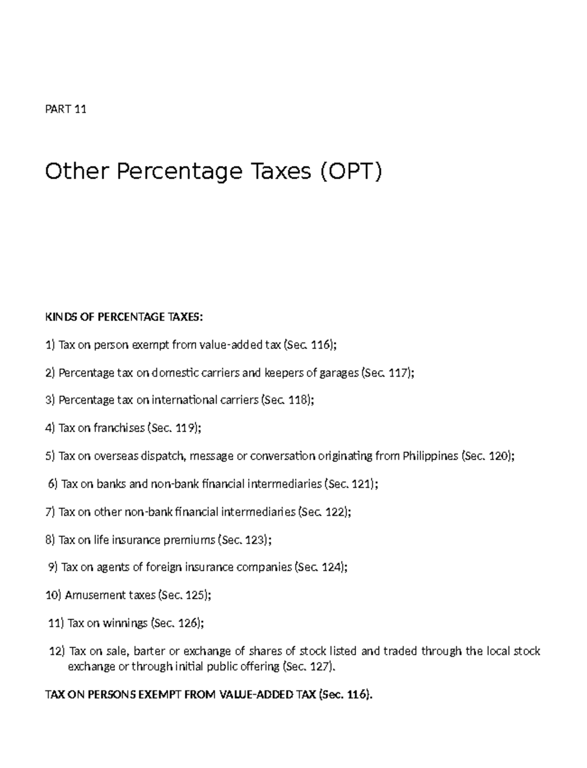 OPT Reviewer 2 - NOS. 1-140 - PART 11 Other Percentage Taxes (OPT ...