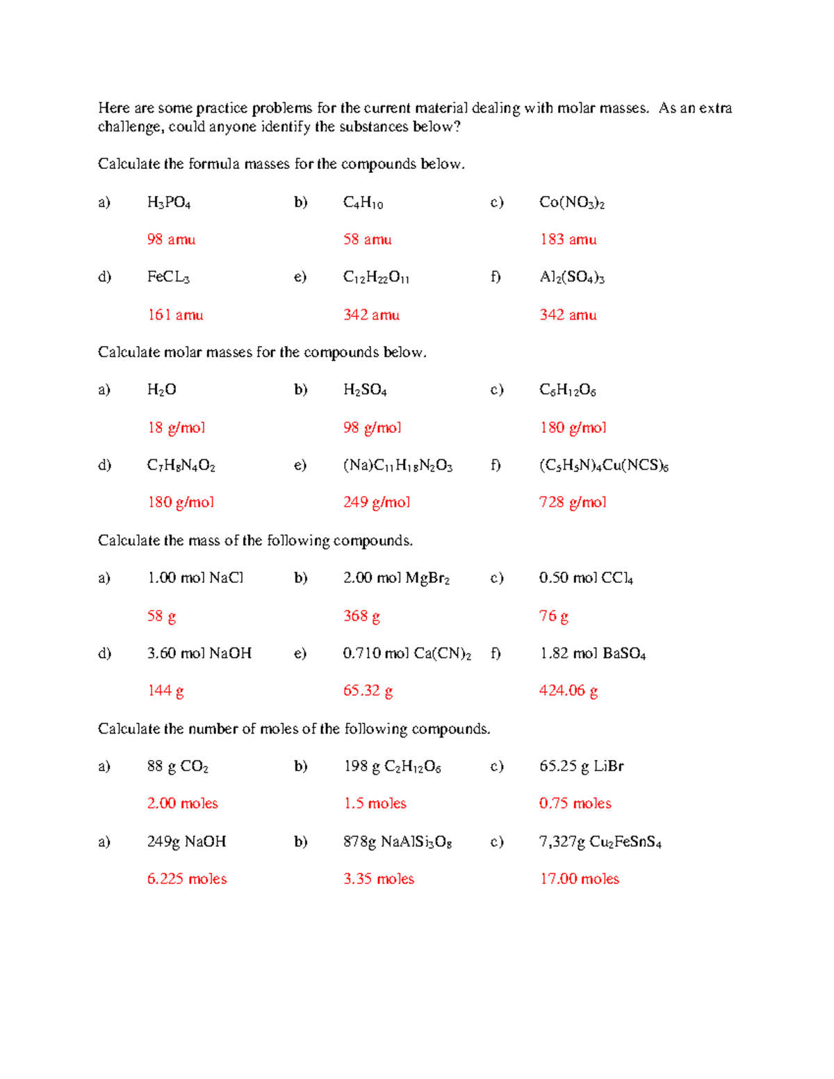 Molar Mass Practice Sheet Here Are Some Practice Problems For The